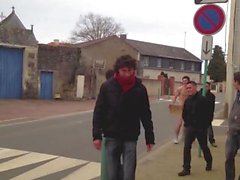 Str8 french guy loses bet, has to stand in traffic naked w/ Free Hugs sign