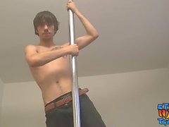 Tattooed straight thug masturbating after using a dance pole