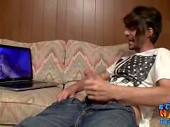 Skinny straight thug jerks off while watching internet porn