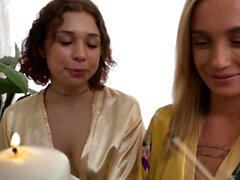Bisexual girlfriends oil up a guy and fuck