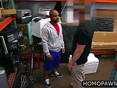 Straight dudes gay threesome in the shop