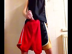 cumming my hung cock on red shorts