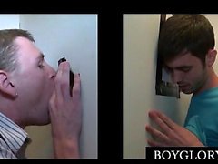 Blonde gay swallowing horny cock on gloryhole