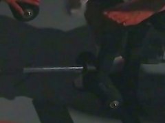 Gay foot fetish at the gym on top of dumbells