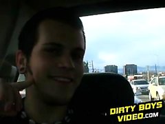 Two gay guys stroking their big dicks in a tow truck