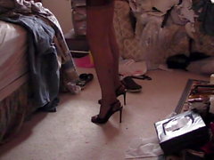 Brown RHT stockings and open toe slingbacks 3 cums