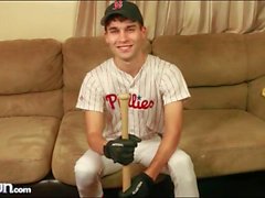 Boy in cute baseball uniform strips naked