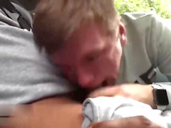 Deepthroating big uncut Russian cock in the car