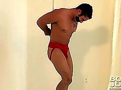 Sexy tied up dude enjoys masturbating his huge cock !