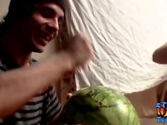 Straight inked guys fuck watermelons until cumming