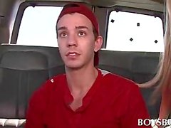 Blonde chick tricking cute teen dude into gay sex in bus